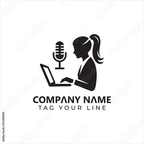 Silhouette of a Woman Podcaster with Laptop and Microphone 1.