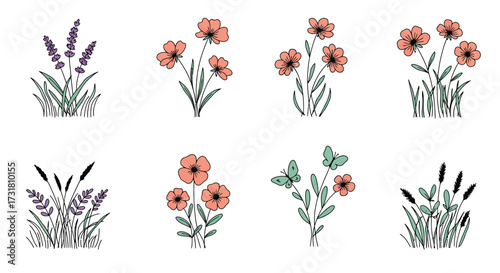 A collection of hand drawn floral arrangements of lavender and wildflowers