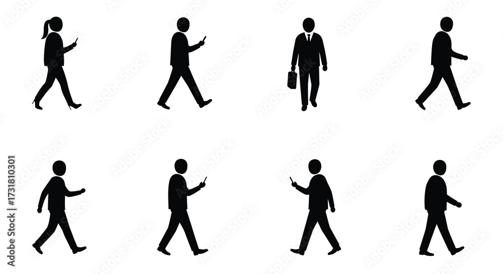 Fototapeta premium Silhouettes of people walking in various poses simple black and white design
