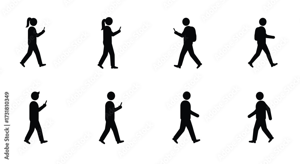 Fototapeta premium Simple black silhouettes of people walking in various poses illustrated