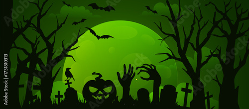 Haunting graveyard scene with glowing green moon, bats, silhouetted trees, tombstones, zombies, and monsters in a spooky Halloween night atmosphere