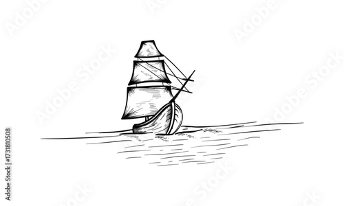 Yacht on the water. Hand drawn outline illustration converted to vector.
