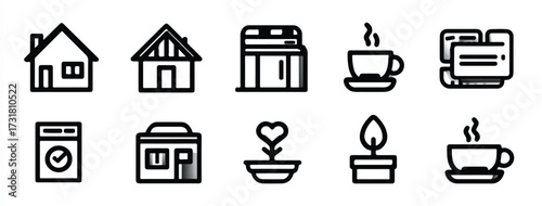 Assortment of diverse icon set symbolizing home life and routine tasks in black and white line art style