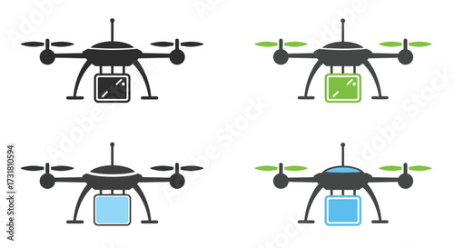 Illustrations of delivery drones with varying container colors and perspectives