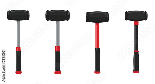 Four rubber mallets with different handle colors isolated on white background