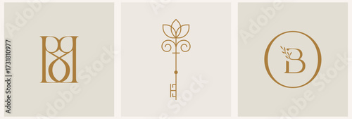 Vector nutrition design linear key and hand logos templates in trendy linear minimal style. Celestial and magical abstract.