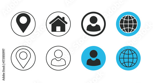 Collection of simple location home person and globe icons presented visually