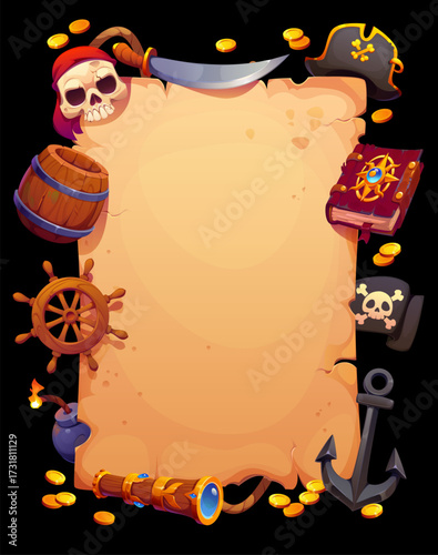Old pirate manuscript with corsair weapons and captain tricorne hat, vector cartoon poster. Caribbean adventure manuscript or parchment scroll with corsair sabers, ship anchor, and treasure gold