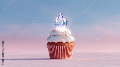 A cupcake topped with a glowing crystal instead of cream, pastel background