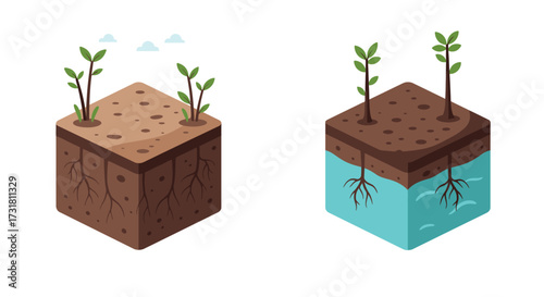 Illustration of soil layers with plants demonstrating water absorption concepts