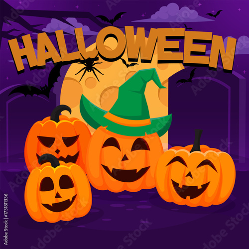 Cartoon Halloween graphic with three smiling jack-o'-lanterns, witch hat, crescent moon with spiderweb, purple arches, and flying bats in a festive scene