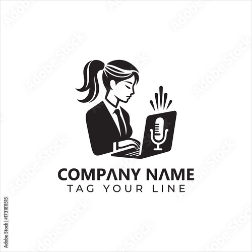 Silhouette of a Woman Podcasting with Microphone on Laptop Logo Design.