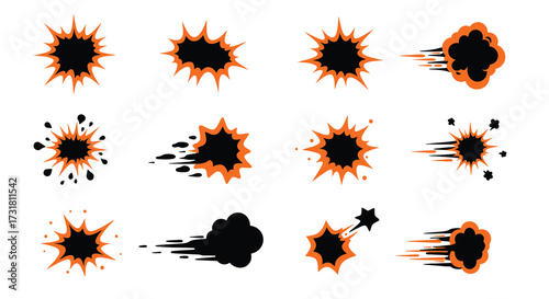 Collection of explosion effects featuring black and orange bursts and smoke