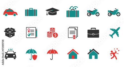 Collection of travel home and insurance related icons in teal and red