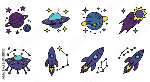 Colorful cartoon illustration of planets rockets and space exploration themes