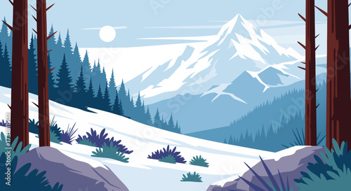 Idyllic winter mountain landscape illustration showcasing snowy peaks, a pine forest, and a clear sky, offering expansive copy space for designs