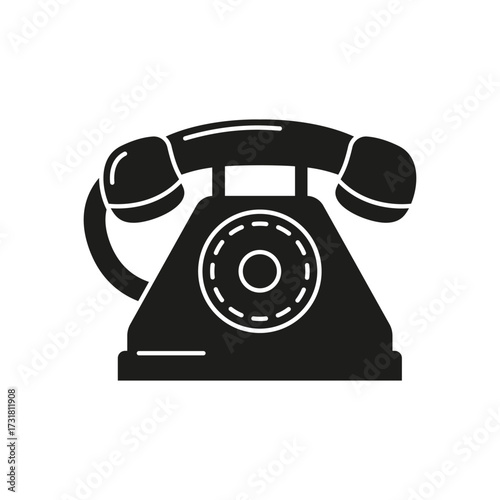Retro phone silhouette icon. Landline device with handset and dial. Vector isolated element on white background