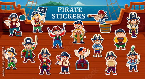 Kid pirate and corsair characters stickers, children sailors on ship sailboat, cartoon vector. Caribbean pirates kids in captain tricorne hat, boatswain with parrot and corsair with treasure chest
