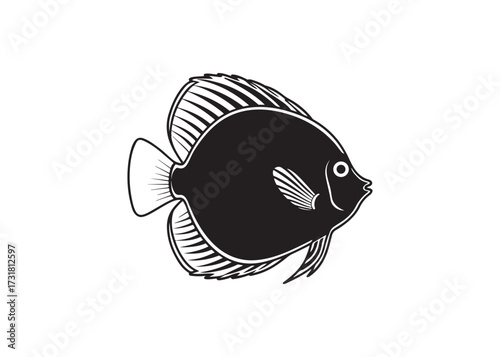 Discus fish black silhouette vector illustration of tropical sea life animal.