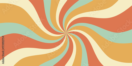 Retro groovy spiral sun burst displays orange swirl and sunshine ray with strong y2k inspiration. Sun and burst shapes create a graphic horizontal background in vivid retro hues, great for trendy