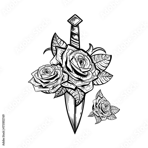 sketch with dagger and rose. Hand drawn illustration converted to vector