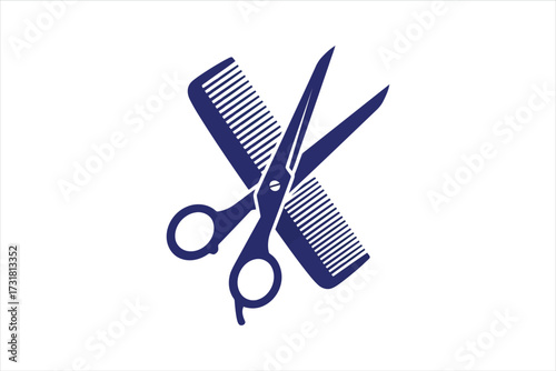 Vector art of stylized comb and scissors icon in blue simple and elegant design for barber shops, hair salons, and beautyrelated businesses, conveying style