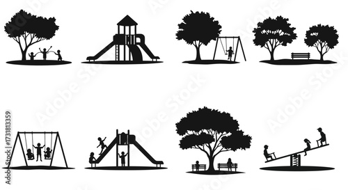 Black silhouettes of a playground with children and park elements