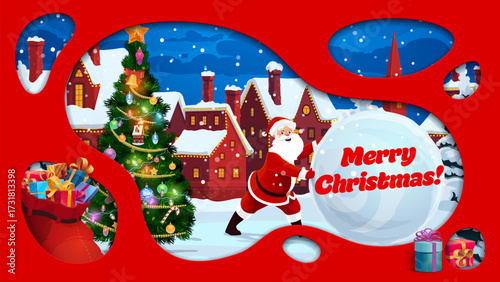 Christmas paper cut banner with winter town landscape and funny Santa, cartoon vector. Merry Christmas greeting card with Satna rolling snowball, Xmas tree and New Year gifts in paper cut winter town