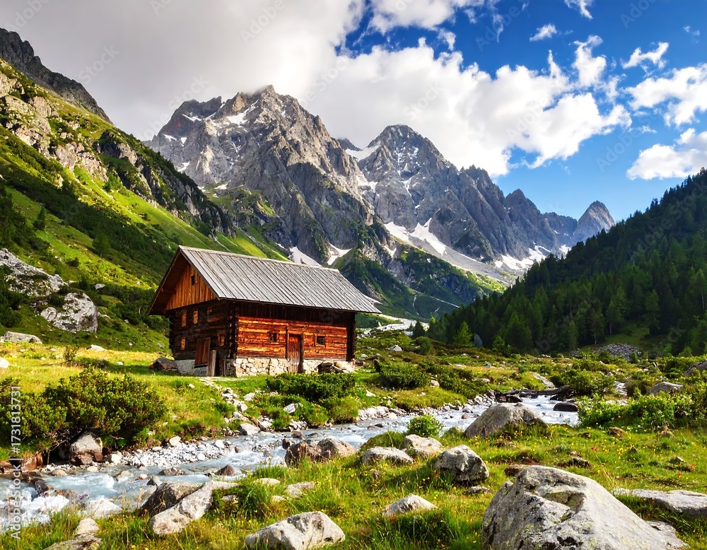 Fototapeta premium Mountain hut nestled in a valley