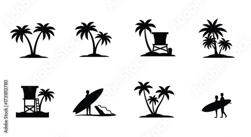 Tropical beach icons depicting palm trees lifeguard towers and surfers