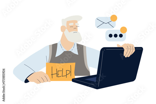 Old Man Character with Laptop Use Internet and Modern Gadget Vector Illustration