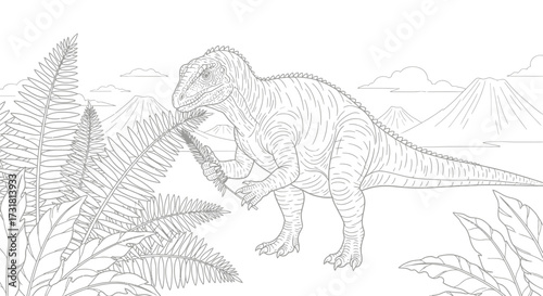 Simple Recognizable Dinosaur Coloring Page Iguanodon Eating Ferns Line Art