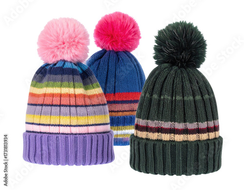 Three colorful striped knit hats with pom-poms
