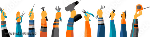 Engineer workers and locksmiths hands up and holding profession tools. Vector horizontal border. Labor day concept