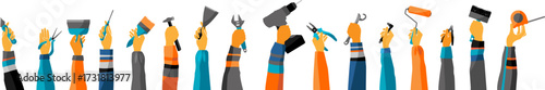 Workers hands up and holding profession tools. Vector horizontal border. Labor day concept