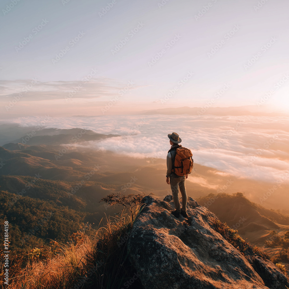 Fototapeta premium Hiker on mountain ridge overlooking sea of clouds expansive adventure lifestyle