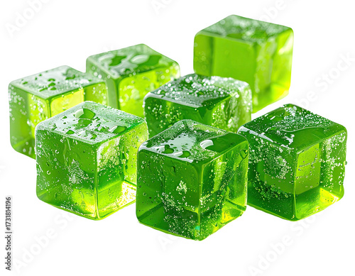 Bright green, cube-shaped candies, glistening with moisture