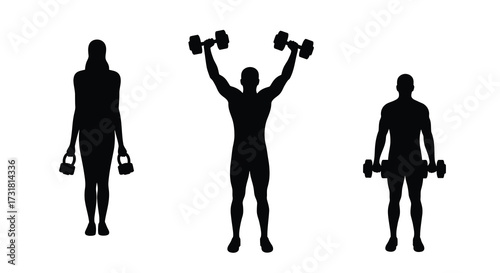 Silhouettes of three people exercising with weights fitness and health