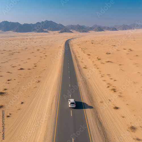  Lone car on endless desert road to the horizon