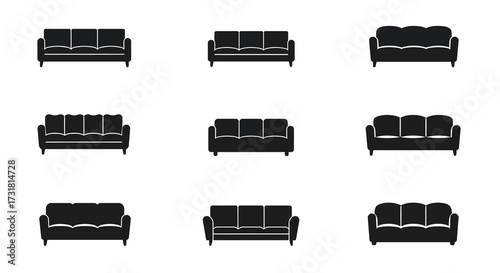 Black silhouettes of various sofa designs arranged in a grid pattern