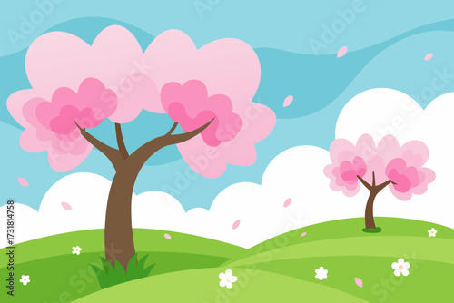 A simple cartoon of a spring meadow with cherry blossoms vector illustration