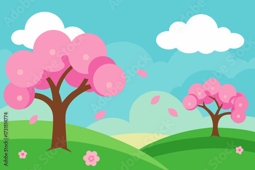 A beautiful cartoon scene of a spring meadow with cherry blossoms vector illustration