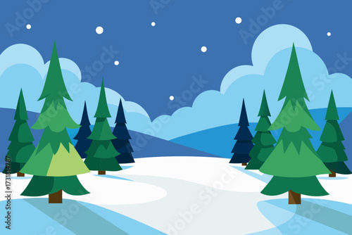 A serene cartoon scene of a snowy forest clearing vector illustration