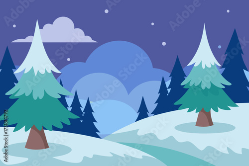 A cartoon illustration of a snowy forest clearing vector illustration