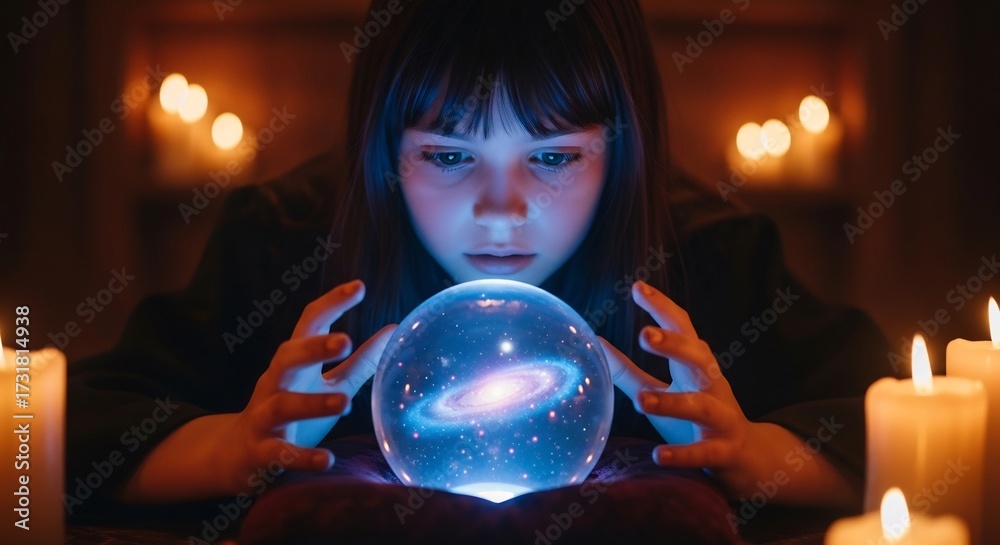 Naklejka premium Young fortune teller gazing into a glowing crystal ball with galaxy inside. Perfect for astrology, fortune telling, psychic reading, Halloween, and mystic concepts. 