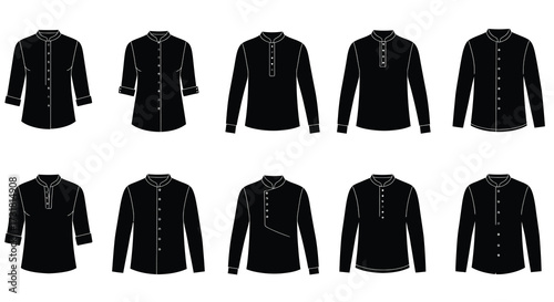 Collection of black mandarin collar shirts in various styles and designs