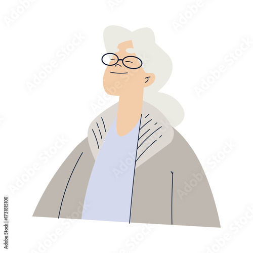Happy Senior Woman with Grey Hair and Smiling Face Vector Illustration