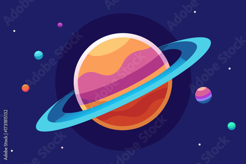 A cartoon space galaxy with a ringed planet background vector illustration