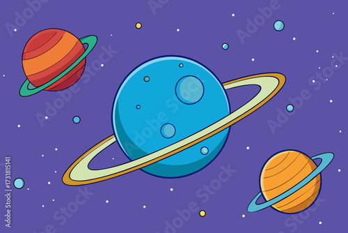 A vibrant cartoon background of a space galaxy with a ringed planet vector illustration