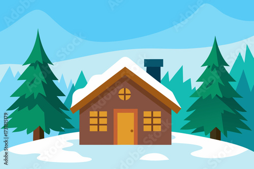 A cartoon snowy cabin in a forest background vector illustration